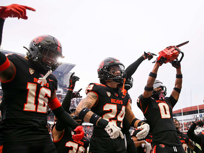 Oregon State Beavers celebrate a play during the first half of the game against the UCLA Bruins on Saturday, Oct. 14, 2023 at Reser Stadium in Corvallis, Ore.